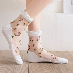 5 Pairs Floral Print Tulle Socks Lightweight & Breathable