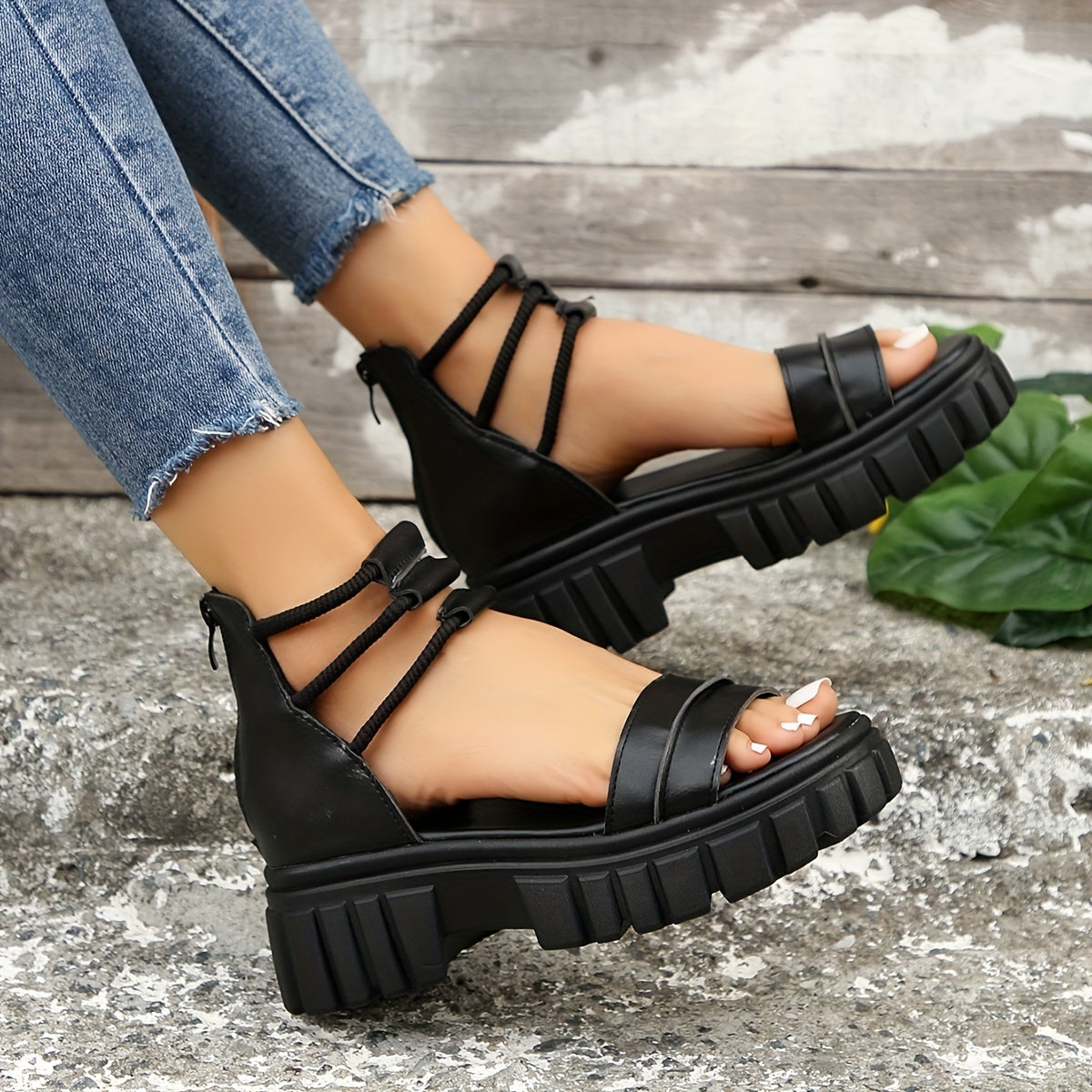 Women's Double Band Platform Sandals Roman Style Zipper Back