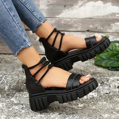 Women's Double Band Platform Sandals Roman Style Zipper Back