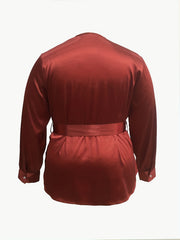 Solid Satin Long Sleeve Top With Belt