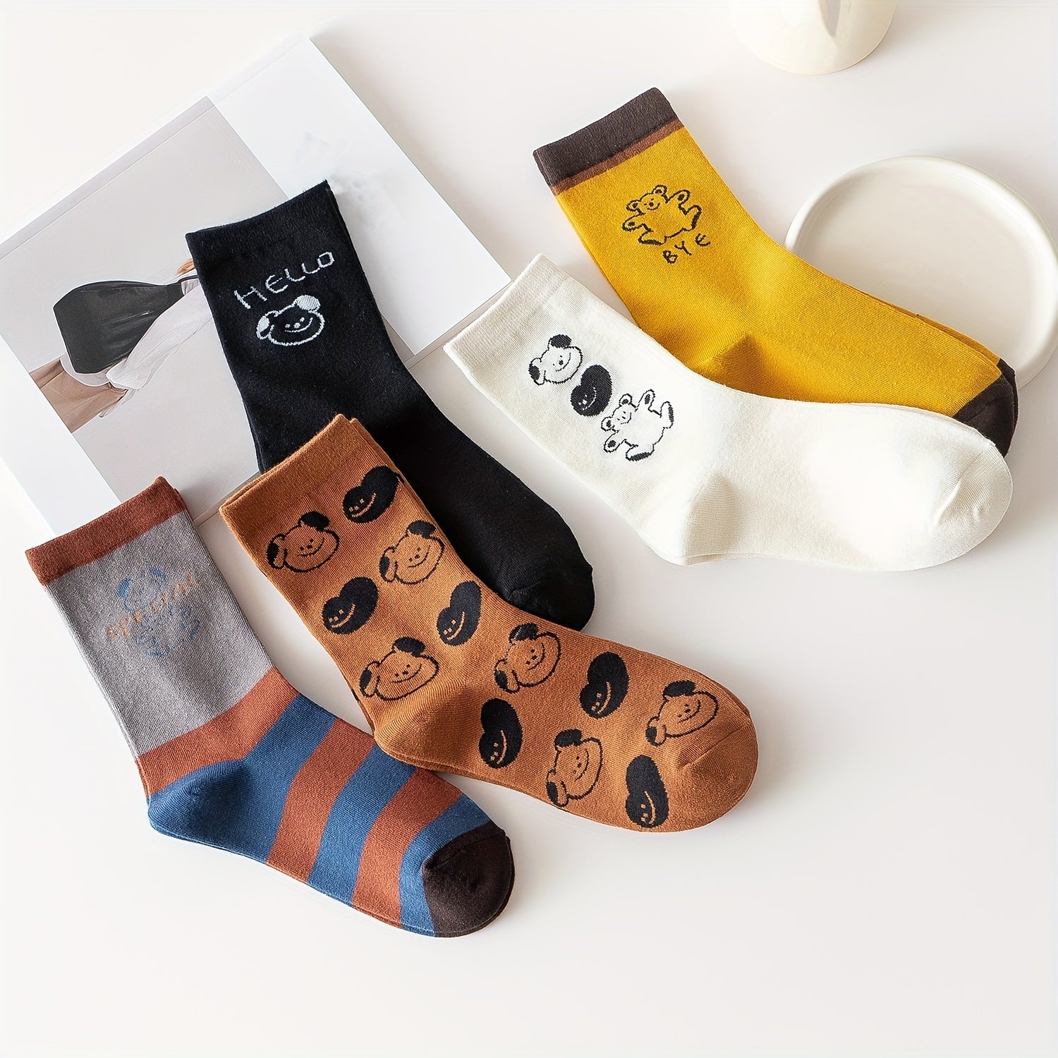 5 Pairs Cartoon Animal Print Socks Cute & Comfy Women's Stockings