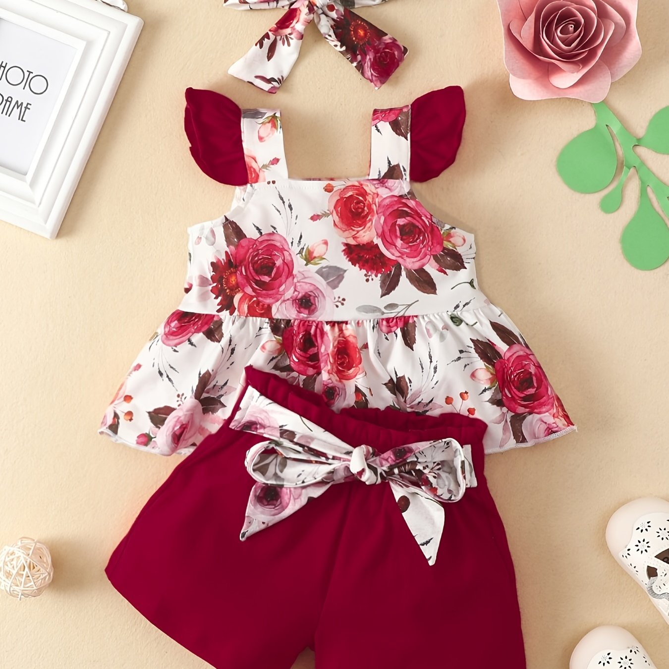 Baby Girls Rose Print Peplum Top & Shorts Set with Headband