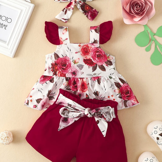 Baby Girls Rose Print Peplum Top & Shorts Set with Headband