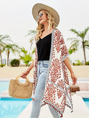 Boho Cover Up Geo Print Batwing Sleeve Tassel Trim Beach Cover Up