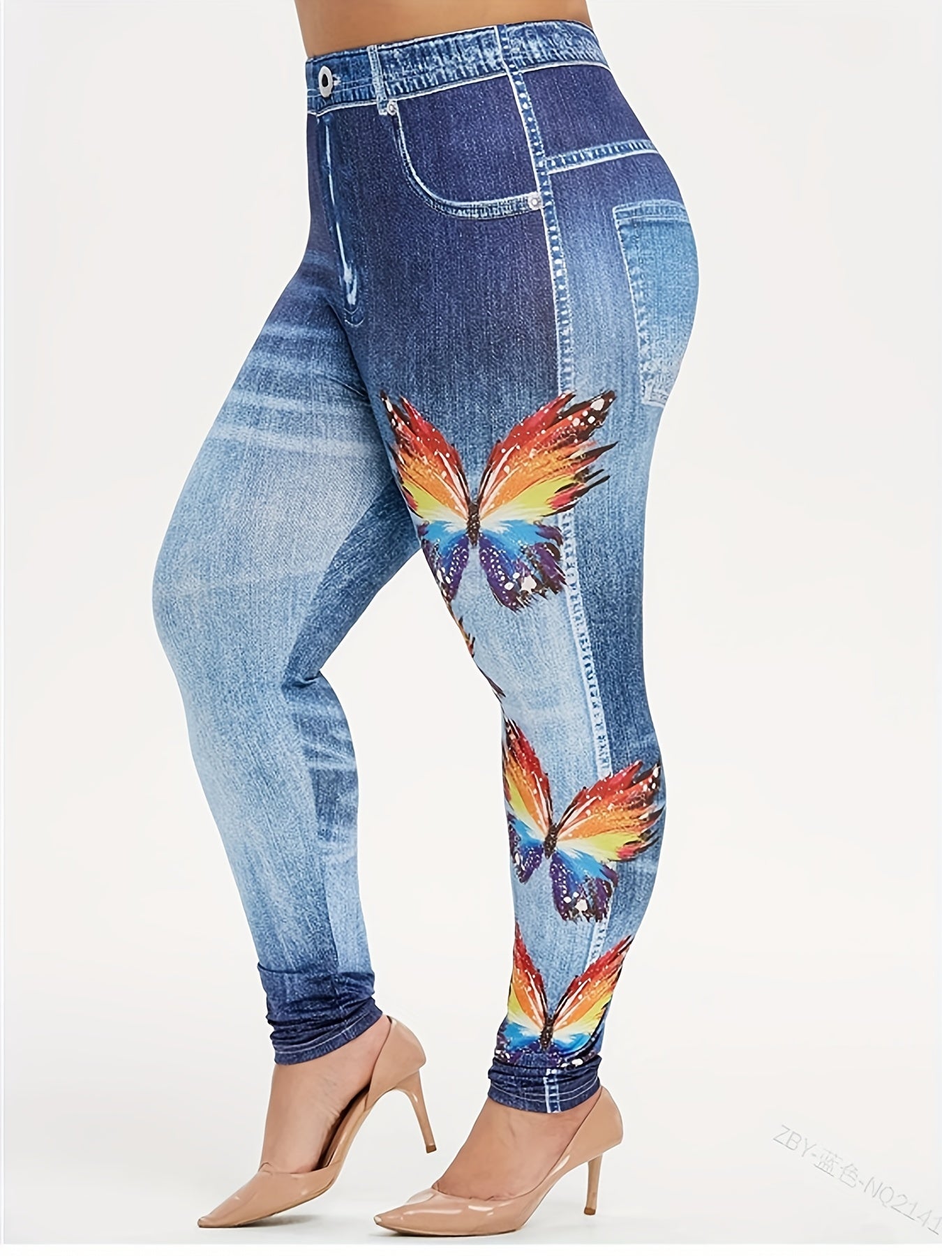 Butterfly Print Faux Denim Sports Leggings High Stretch Workout Tight Pants