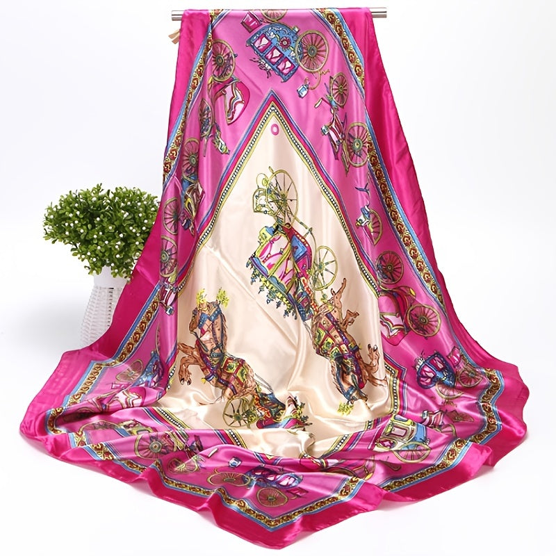 Vintage Satin Scarf Carriage Print Shawl Sunscreen Head Wrap