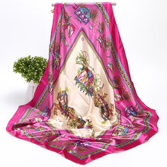 Vintage Satin Scarf Carriage Print Shawl Sunscreen Head Wrap