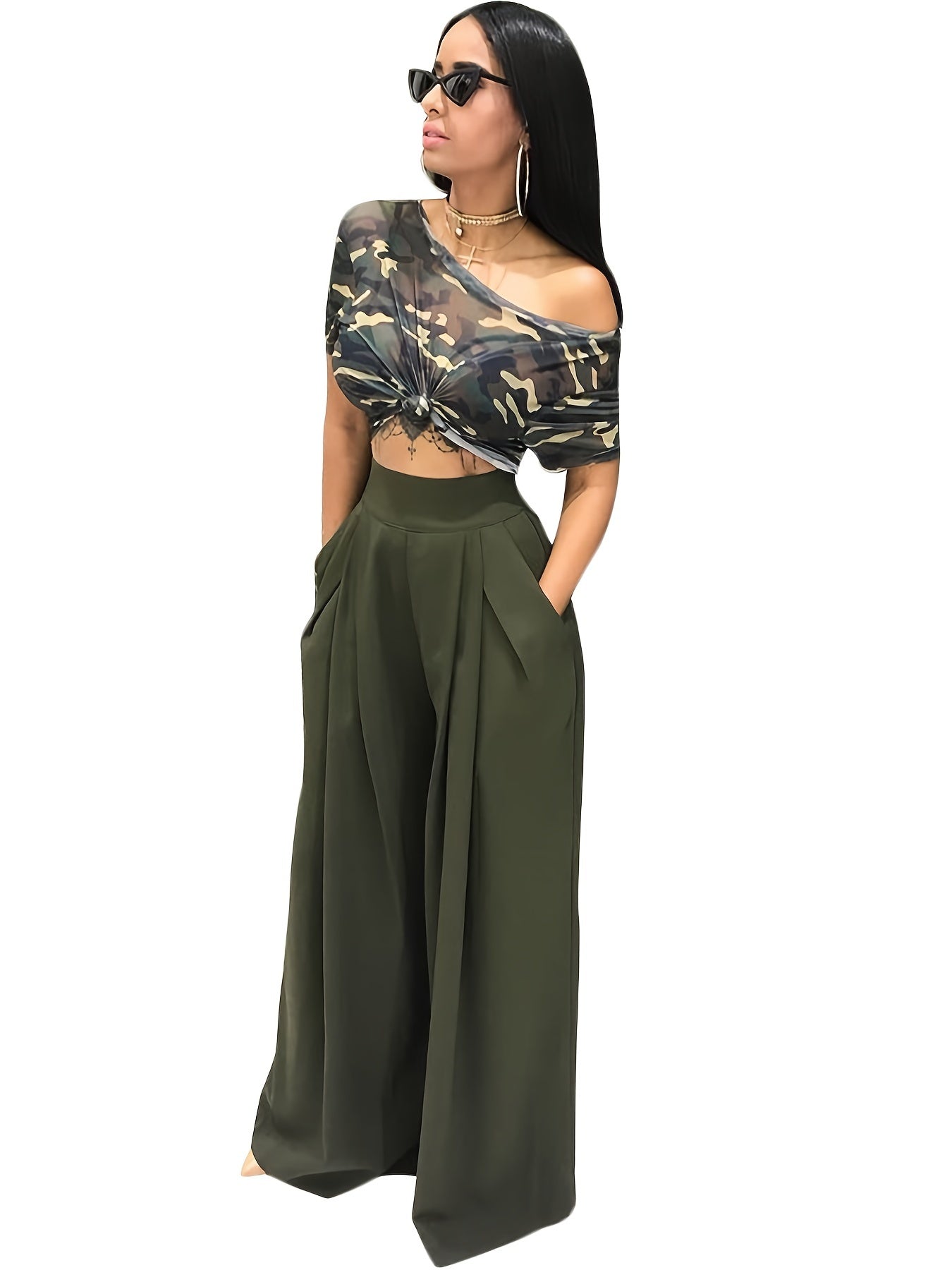 Solid Wide Leg Flare Pants High Waist Casual Pocket