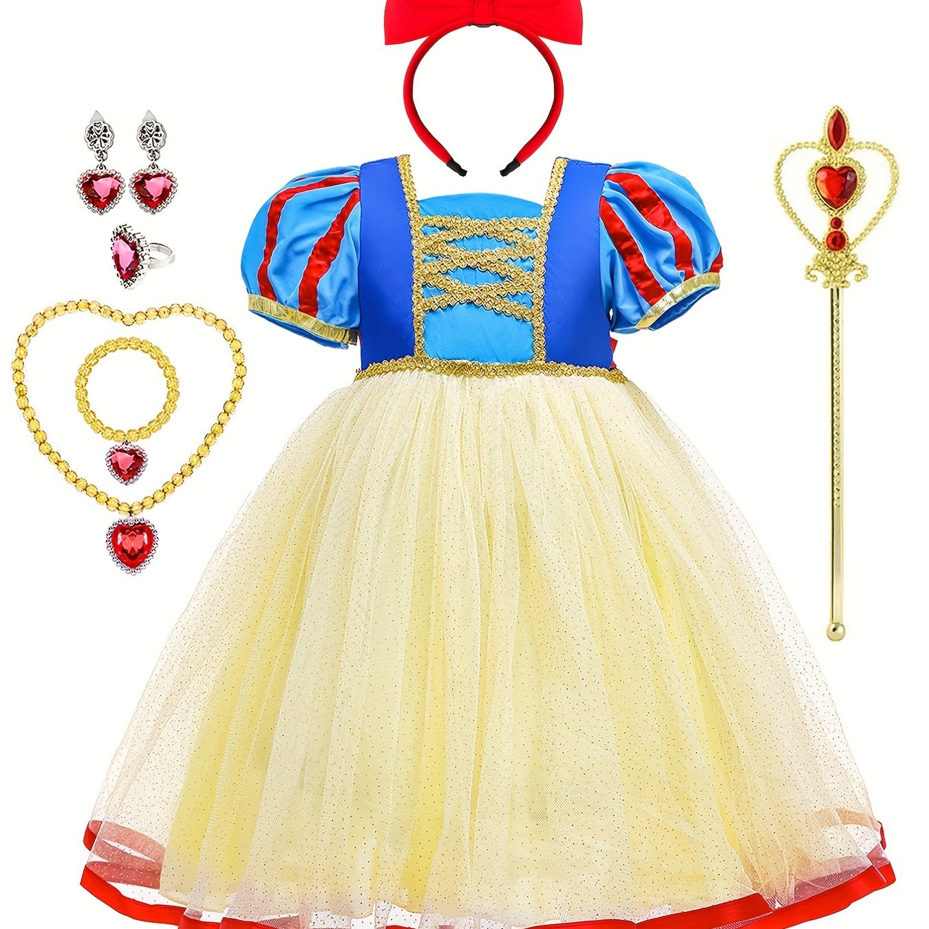 Girls Princess Costume Set with Dress, Jewelry, Gloves, Crown - Christmas Party