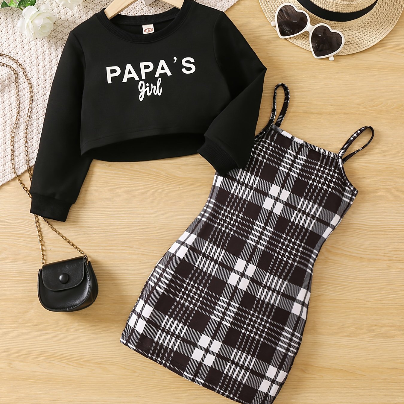 Girls Crop Sweatshirt & Plaid Sundress Set for Spring/Autumn