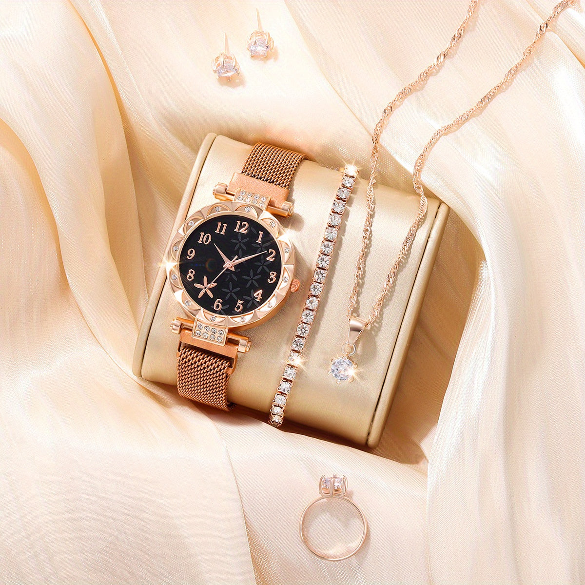 Rhinestone Quartz Wrist Watch & Jewelry Set - Children's Gift