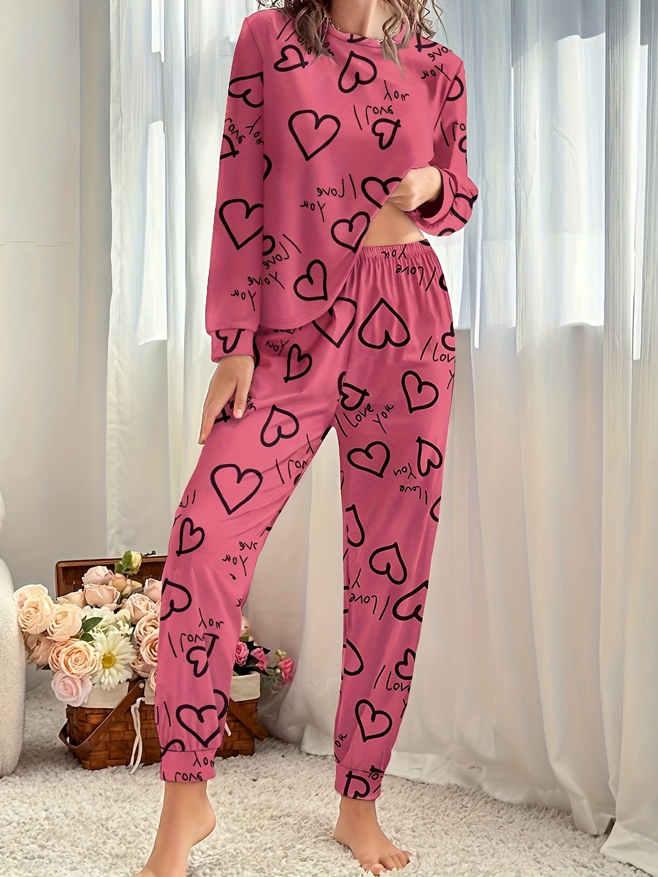 Heart Print Pajama Set Long Sleeve Crew Neck Top & Pants