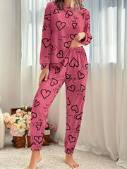 Heart Print Pajama Set Long Sleeve Crew Neck Top & Pants