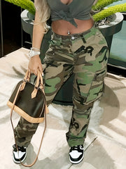 High Waist Camo Cargo Jeans Medium Stretch Denim Pants