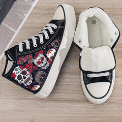 Skull Print Plush Lined High Top Canvas Sneakers