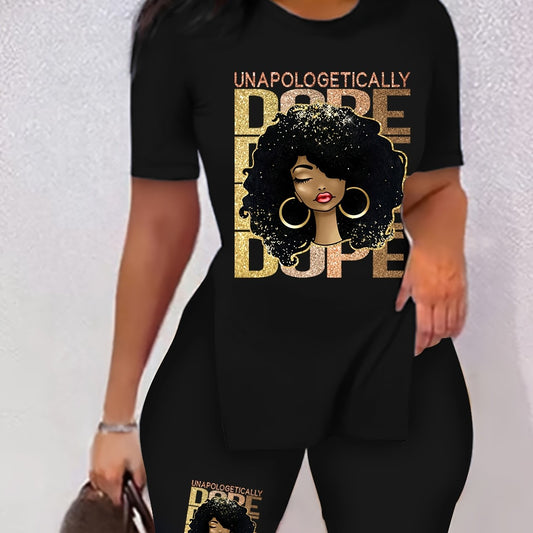 Lady Print Two piece Set Short Sleeve Crew Neck Side Split C