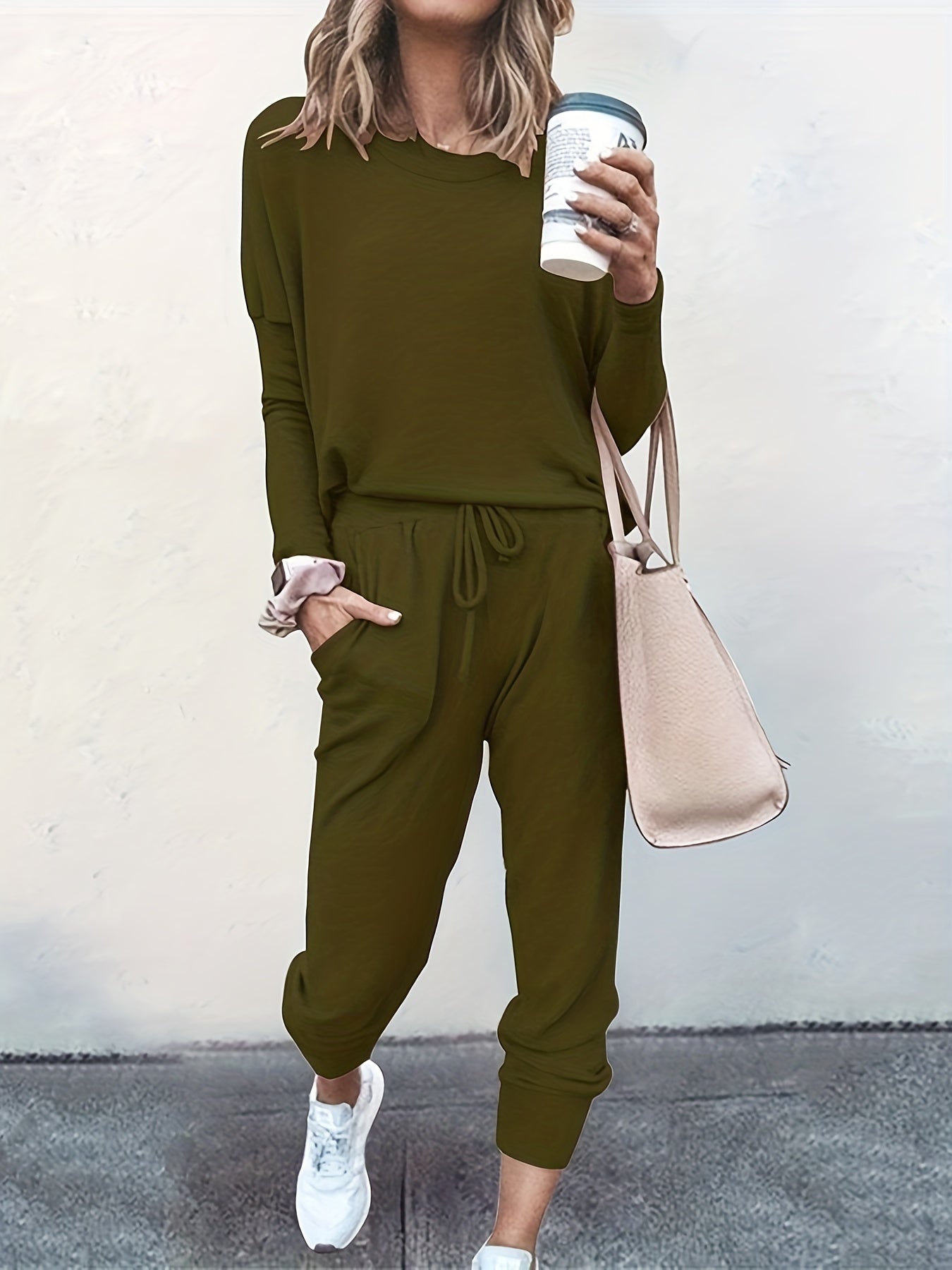 2 Piece Casual Outfit: Solid Top & Drawstring Pants Set