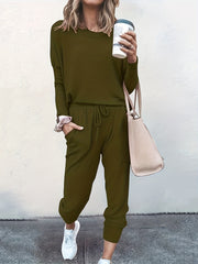 2 Piece Casual Outfit: Solid Top & Drawstring Pants Set