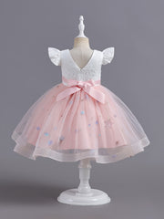 Girls Embroidered Mesh Princess Dress Fly Sleeve Tutu Skirt
