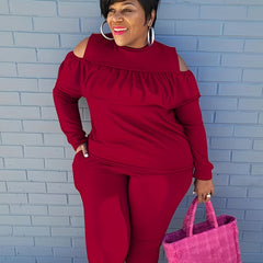 Ruffle Trim Cold Shoulder Top & Leggings Set