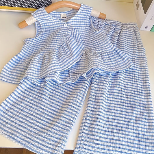Girls Plaid Sleeveless Top & Pants Set for Summer Party