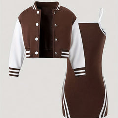 2pcs Girls Splicing Button Front Long Sleeve Jacket Solid Bodycon Dress