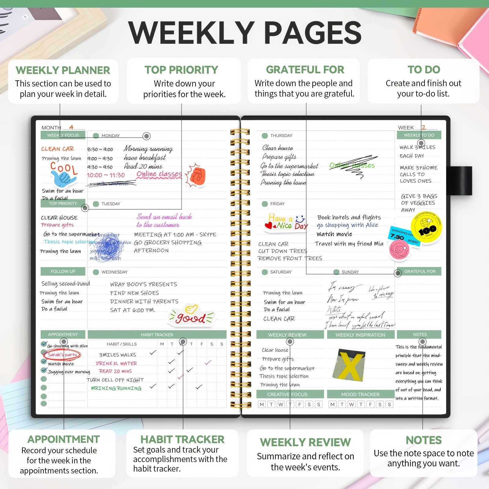 Undated Weekly Planner with Habit Tracker Spiral Notebook