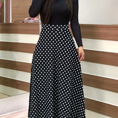 Polka Dot High Waist Maxi Dress Long Sleeve Crew Neck Women's Clothing