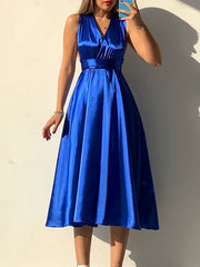 Solid Satin V Neck Midi Tank Dress