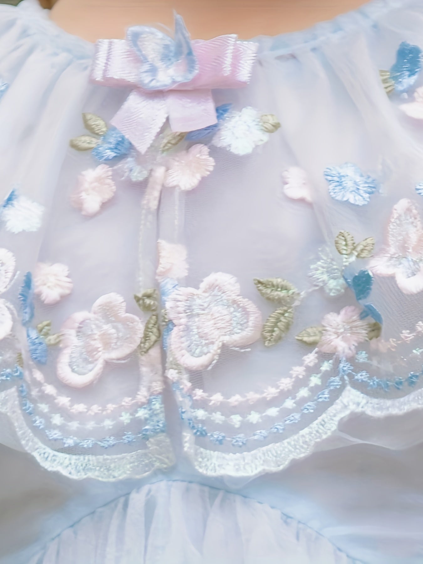Girls Mesh Lace Collar Embroidered Princess Dress For Birthday Party