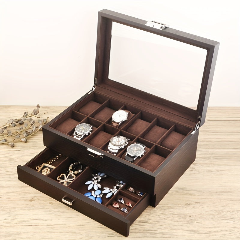 12 Slot Watch Box With Drawer Display Storage Men's Accessory