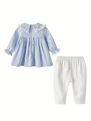 Baby Girl Lace Trim Puff Dress & Pants Set