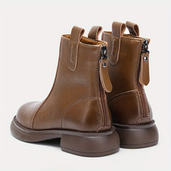 Women's Brown Chunky Heel Boots Warm Plush Lined Leather Boots
