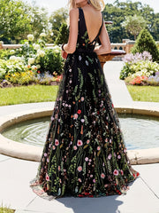 Floral Embroidered V Neck Maxi Party Dress
