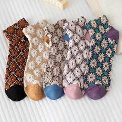 5 Pairs Floral Print Short Socks Retro Style 3D Textured Low Cut Socks