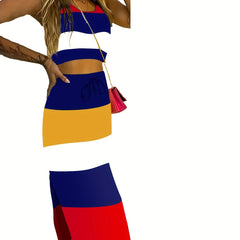 Striped Print 2pc Set Sleeveless Crop Tank Top & Drawstring Split Bodycon