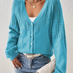 Solid Eyelet Embroidered Button Up Long Sleeve Cardigan