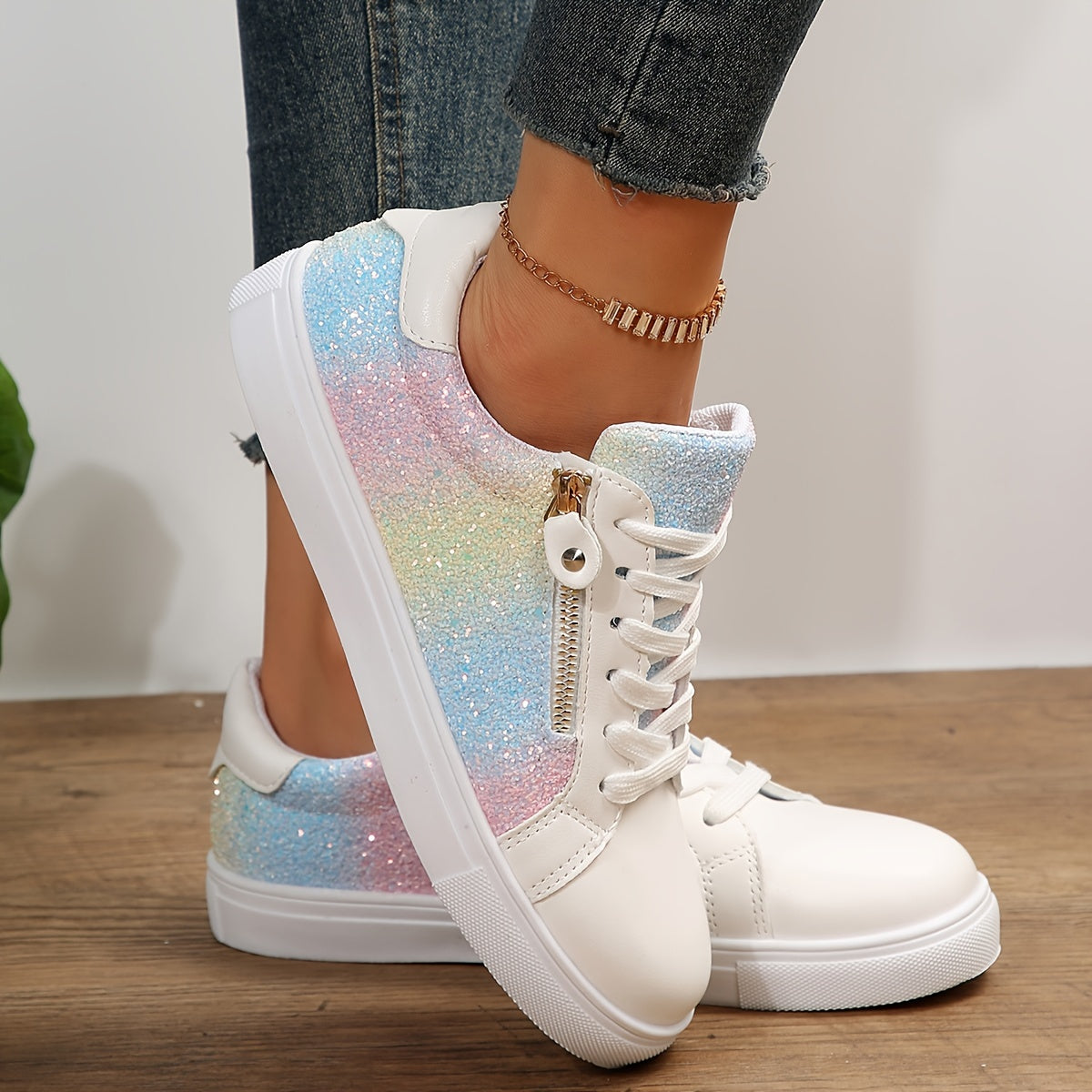 Colorful Faux Leather Skate Shoes Flat Zipper