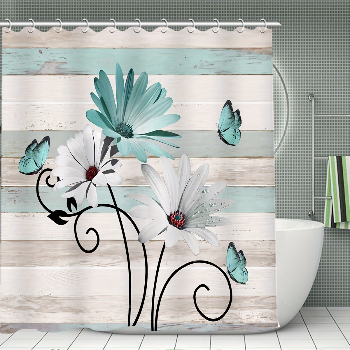 Flower Butterfly Shower Curtain Set with 12 Hooks