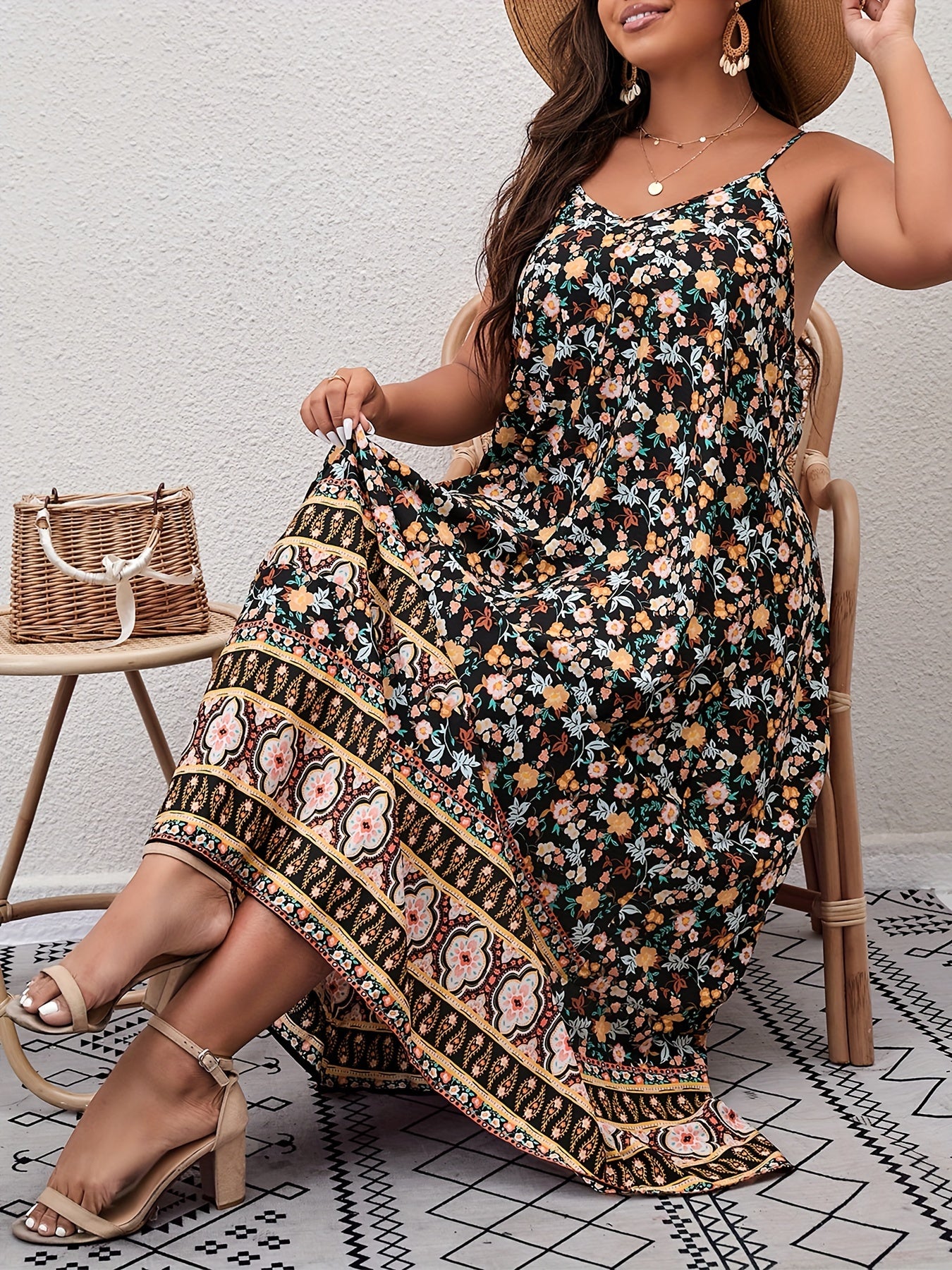 Boho Plus Ditsy Floral Maxi Cami Dress