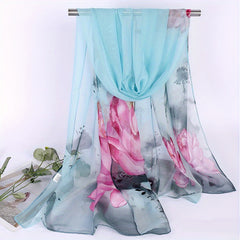 Chiffon Ink Lotus Print Thin Headwrap Large Shawl Summer Beach Towel