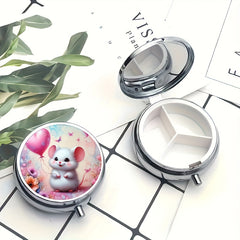 Metal Circular Medicine Box Balloon Hamster Pattern 3 Compartments