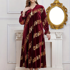 Golden Floral Print Flounce Sleeve Abaya Dress