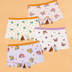 4pcs Cartoon Girl's Cotton Boxer Briefs Elastic Waist Shorts