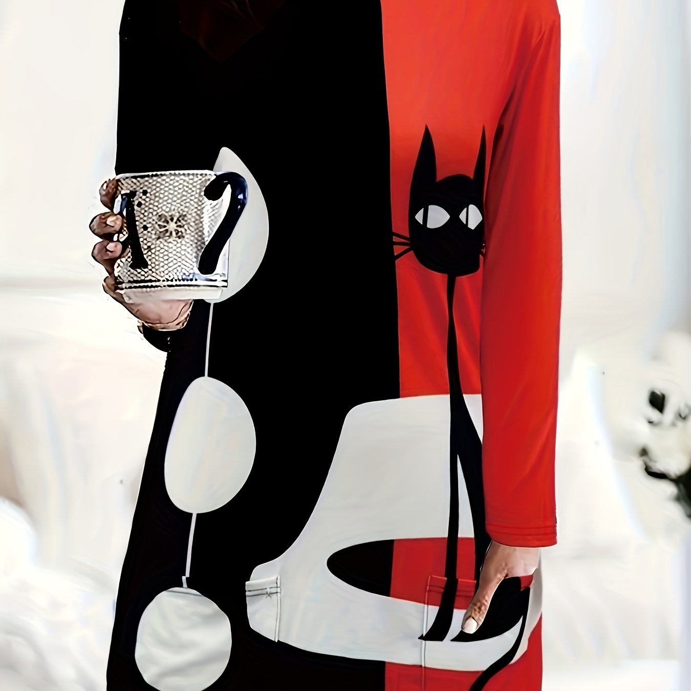 Colorblock Cat Print Long Sleeve Round Neck Dress Plus Size