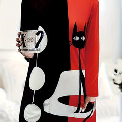 Colorblock Cat Print Long Sleeve Round Neck Dress Plus Size