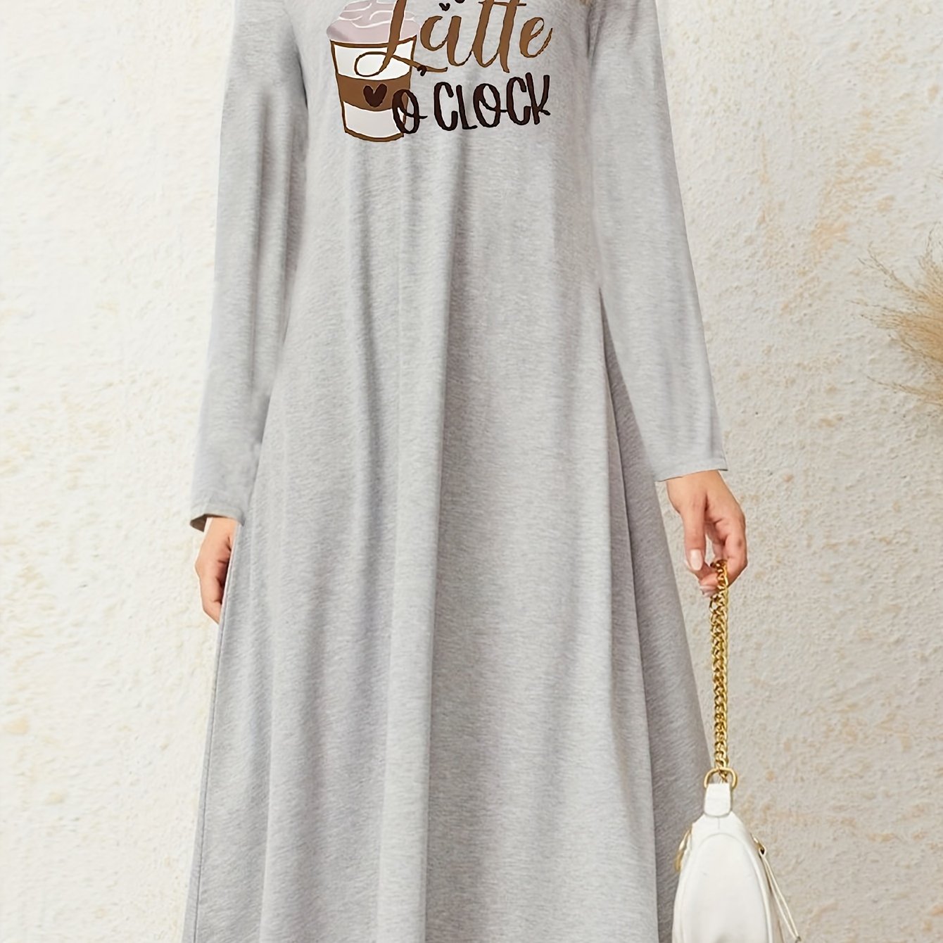 Coffee & Letter Print Long Sleeve Loungewear Dress