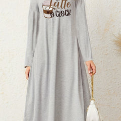 Coffee & Letter Print Long Sleeve Loungewear Dress