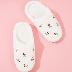 Cherry Embroidery Fluffy Indoor Slippers Women's House Shoes