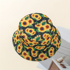 Sunflower Print Reversible Fisherman Hat Lightweight Foldable Bucket Cap